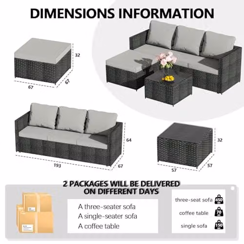 BIRCHTREE L-Shape Rattan Garden Furniture Set in Black with 3-Seater Sofa, Corner Element, Coffee Table and Ottoman – 4