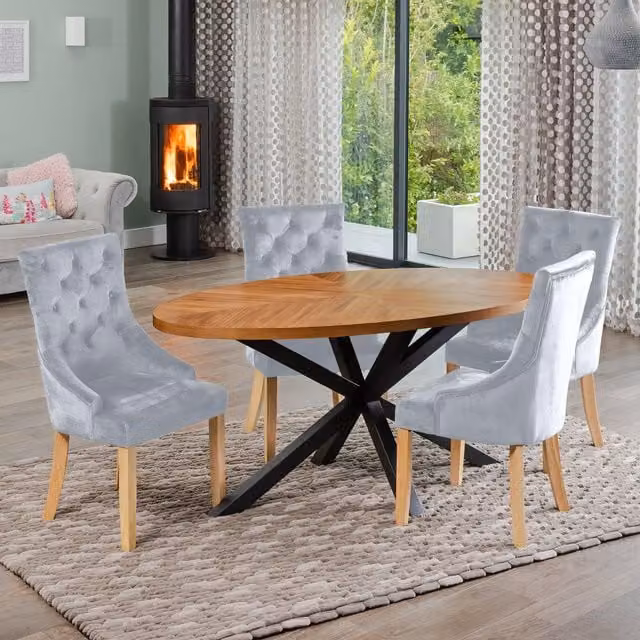 Artemis Home Dosenna Oval Dining Table Set with 4 Ravenna Velvet Chairs in Grey