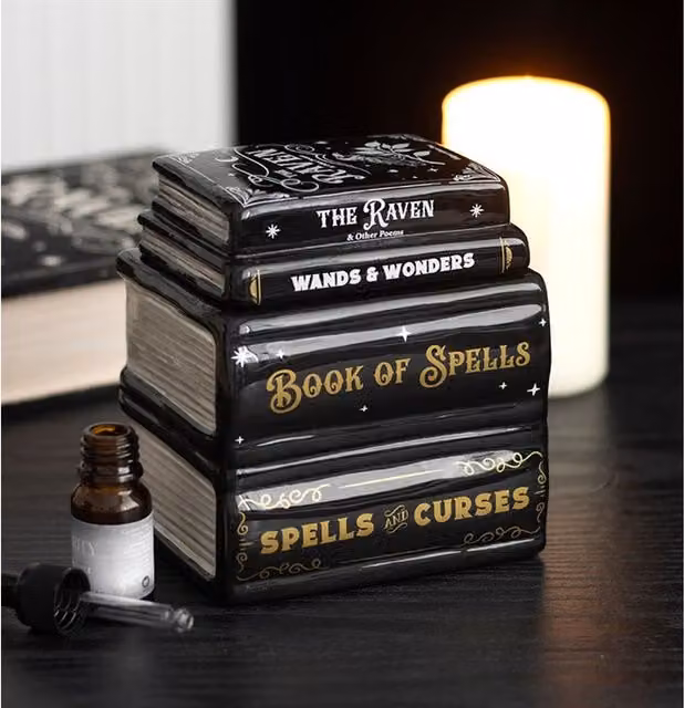 Gloriously Good Book of Spells Halloween Aromatherapy Ceramic Oil Lamp Burner, Black