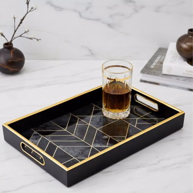 Maison Des Cadeaux Modern Geometric Rectangular Tabletop Tray with Handles in Black and Gold