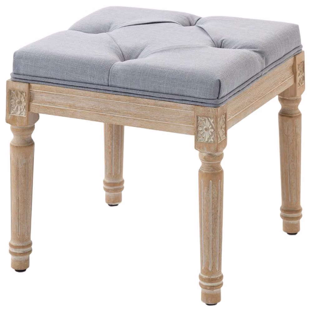 STILVORA Grey Fabric Foot Stool with Tufted Seat and Rubberwood Legs – 3