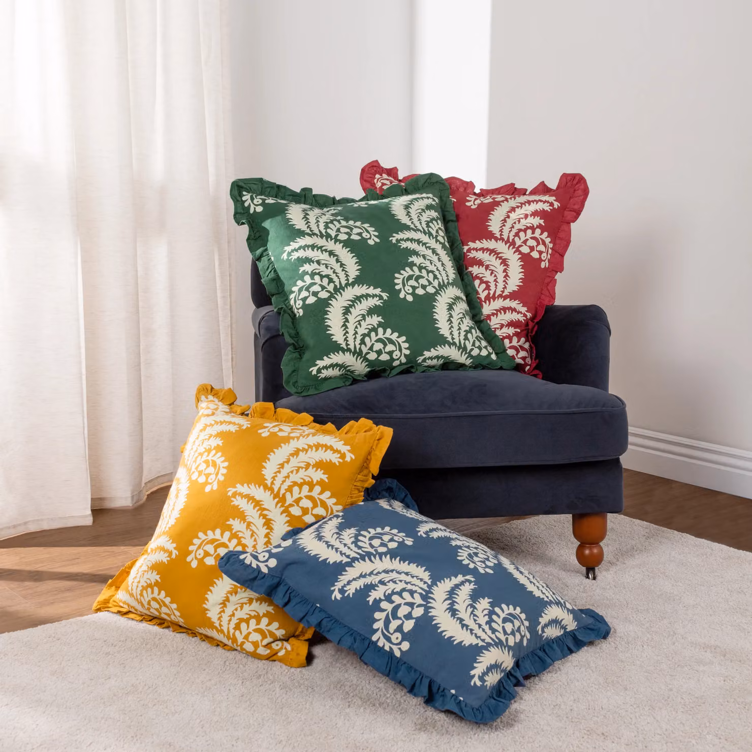 Paoletti Montrose Floral Cotton Square Cushion in Blue, W/D/H: 50 x 50 x 50 cm – 6
