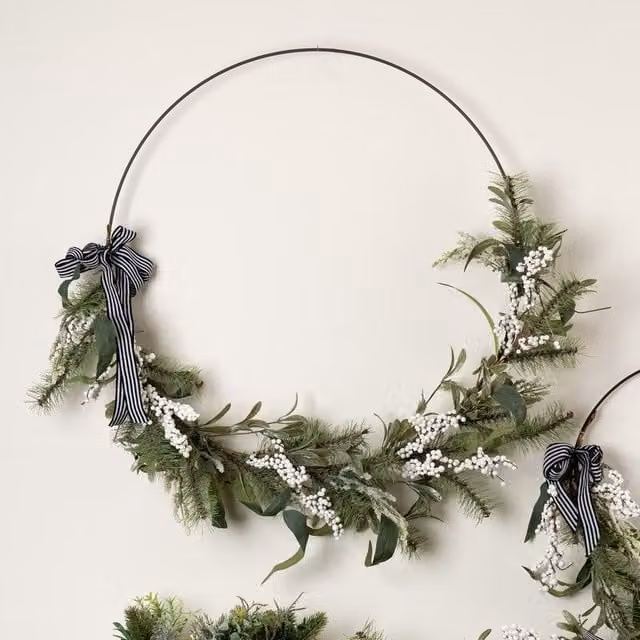 Scottish Everlastings Ltd Metal Ring Christmas Wreath with Striped Bow in Green, White and Black, Diameter: 80 cm