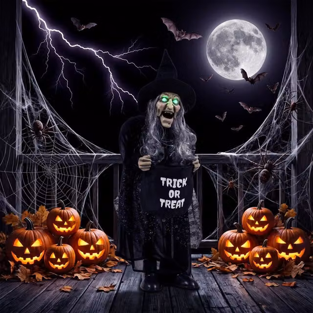 HOMCOM Animated Witch Halloween Decoration in Black, Silver and Green