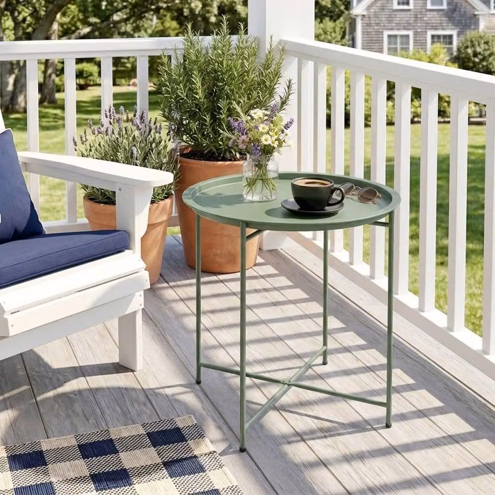 VOGREX Green Metal Garden Side Table with Removable Tray and Folding Legs, W/D/H: 53 x 46 x 46 cm – 3