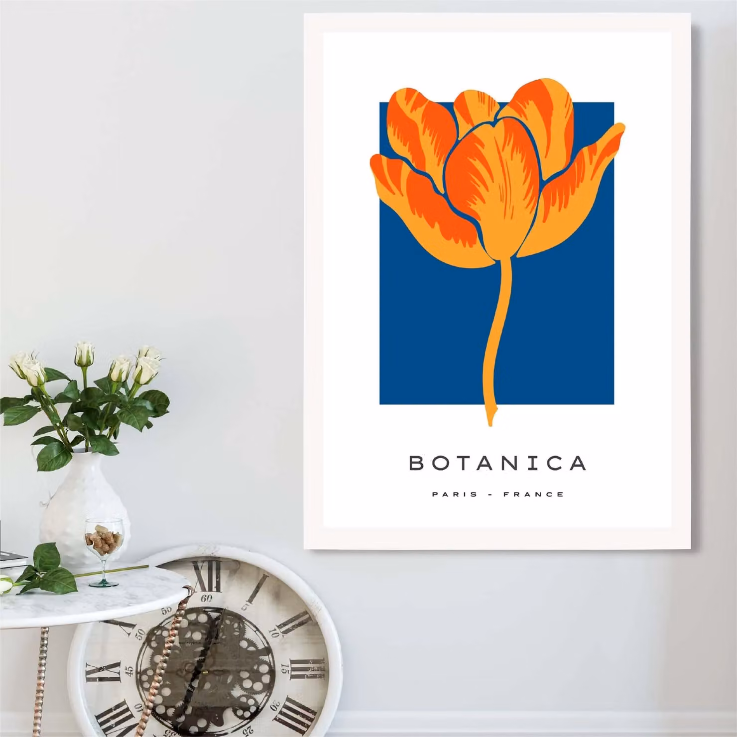 ARTZE Orange and Blue Tulip Flower Market Exhibition Framed Print with White Frame – 2