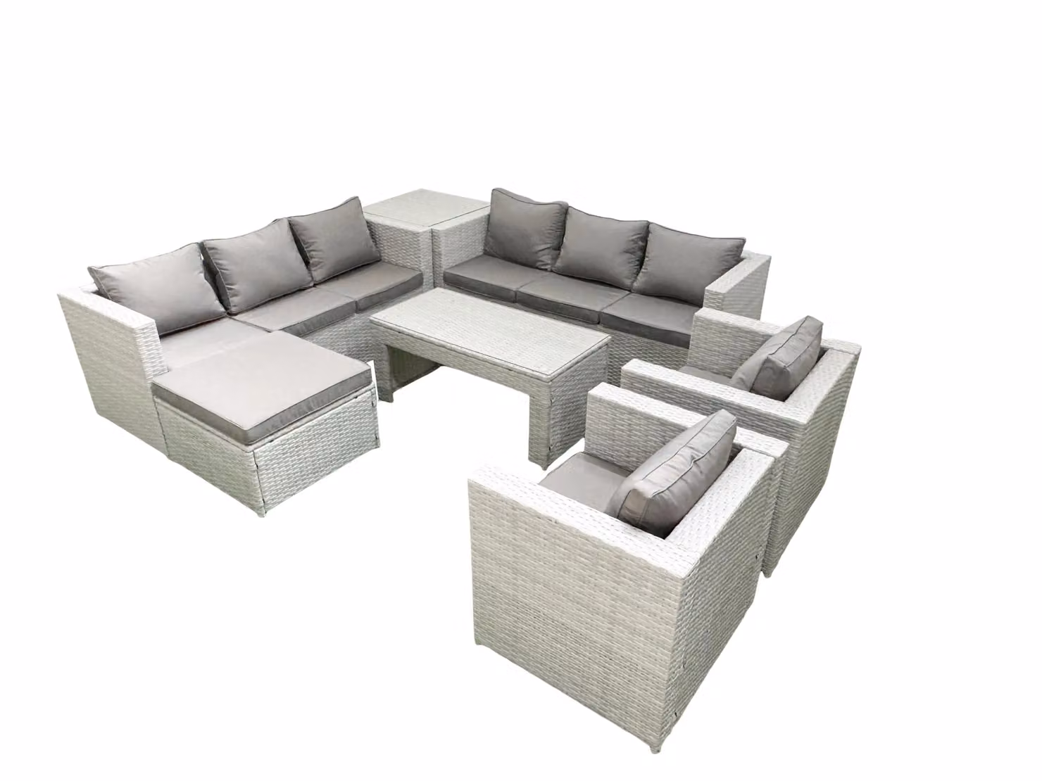 Fimous Rattan Outdoor Garden Furniture Set in Light Grey with 2 Armchairs, Coffee Table and Ottoman – 2