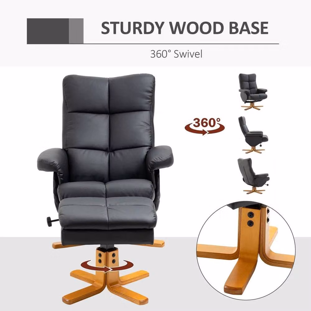 FORGEVIO Black PU Leather Recliner Chair and Footstool with Wooden Base – 4