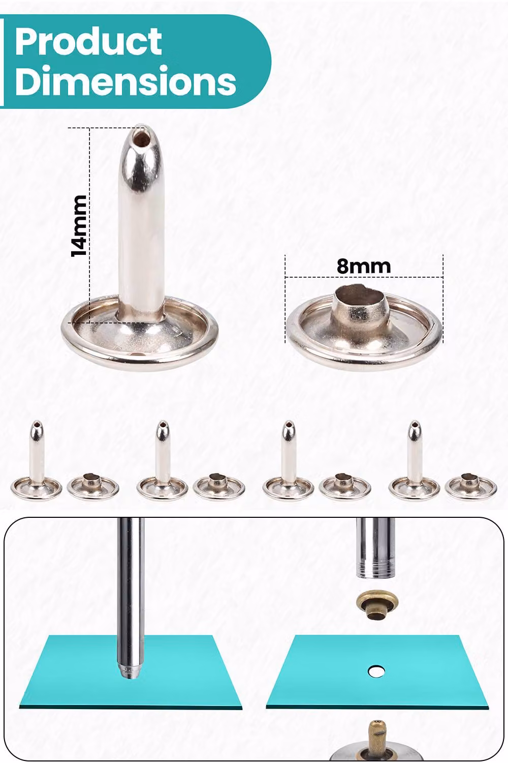 Neel Blue Extra Long Double Cap Studs, 50pcs Silver Brass Tubular Rivets, 8mm x 14mm – 2