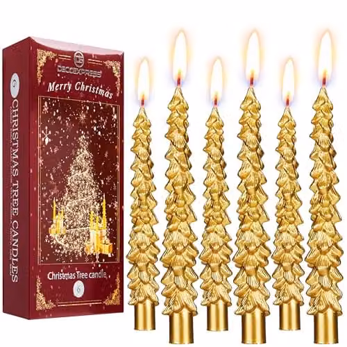 Deco Express Christmas Tree Dinner Candle Set, Gold, 6 Pieces – 1
