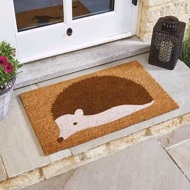 Garden Mile Heavy Duty Rectangular Coir Door Mat with Hedgehog Graphic in Brown and White