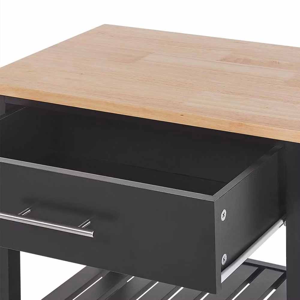 Wyld and Coco Black Modern Kitchen Trolley with Rubberwood Top and MDF Body, W/D/H: 58 x 40 x 85 cm – 4