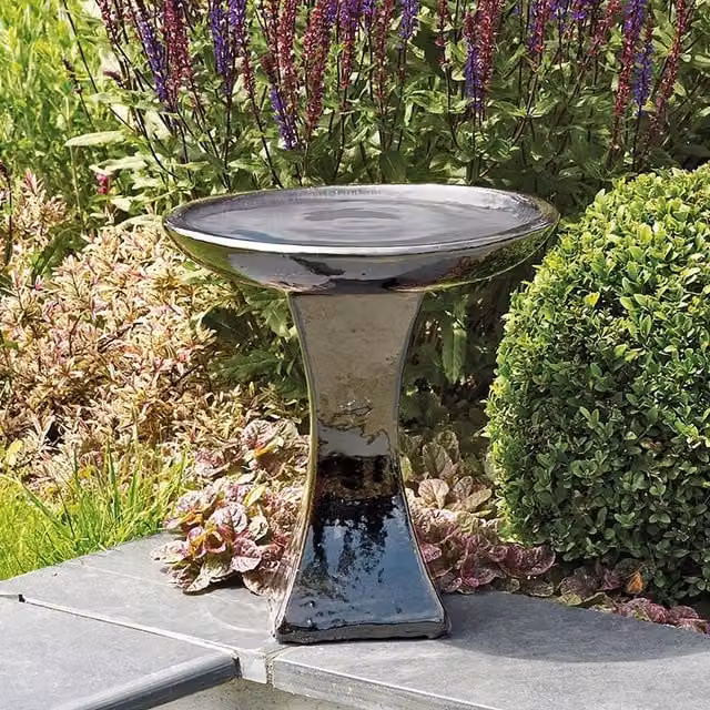 Primrose Ceramic Round Bird Bath with Stand in Grey and Green with Glazed Mirror Finish