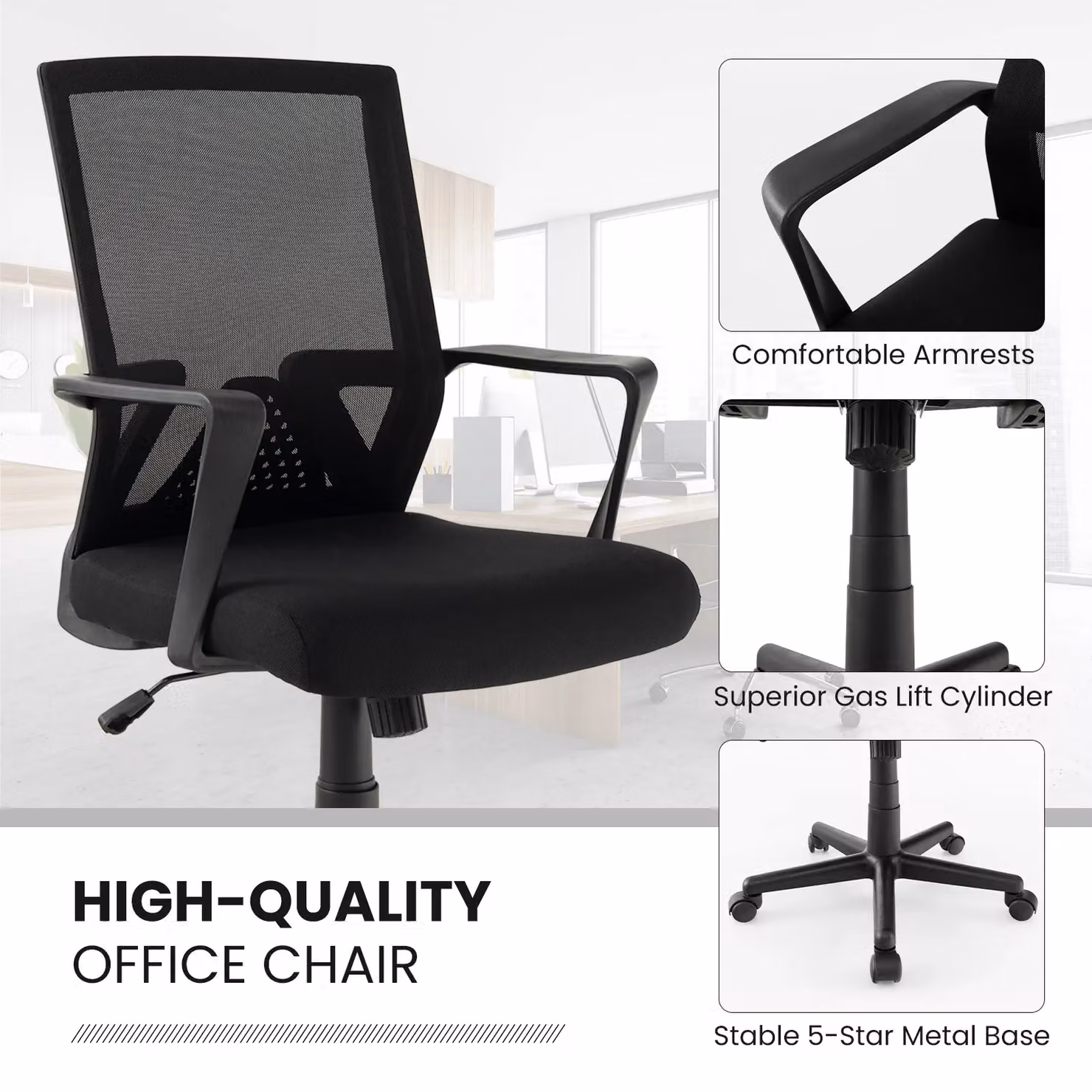 Gymax Ergonomic Home Office Desk Chair with Lumbar Support and Armrests in Black – 5