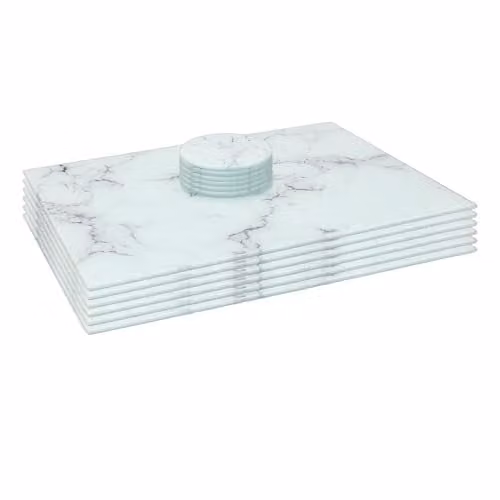 Harbour Housewares 12-Piece Glass Placemats and Round Coasters Set, White Marble Effect, W: 40 cm, D: 30 cm