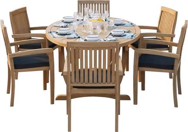 Eterna Rimini Teak Garden Dining Table and 6 Chair Set with Green Cushions