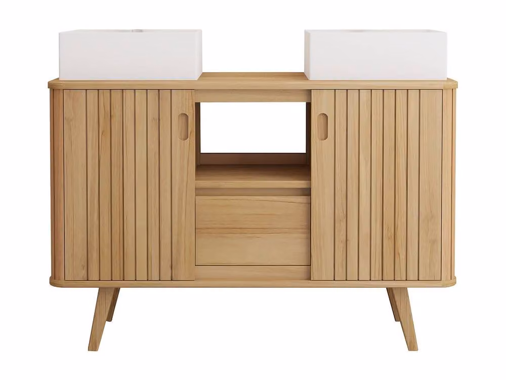 Vente-unique Freestanding Teak Bathroom Vanity Unit with Double Square Ceramic Basin in Light Oak Brown – 2