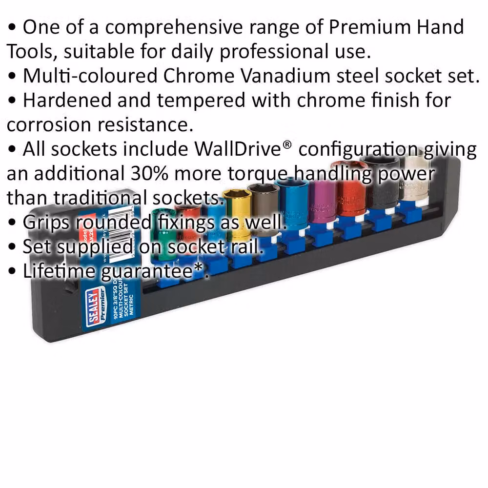 Loops 10 Pack Multi Colour 3/8 Inch Metric Square Drive 6 Pt WallDrive Torque Socket Set – 2