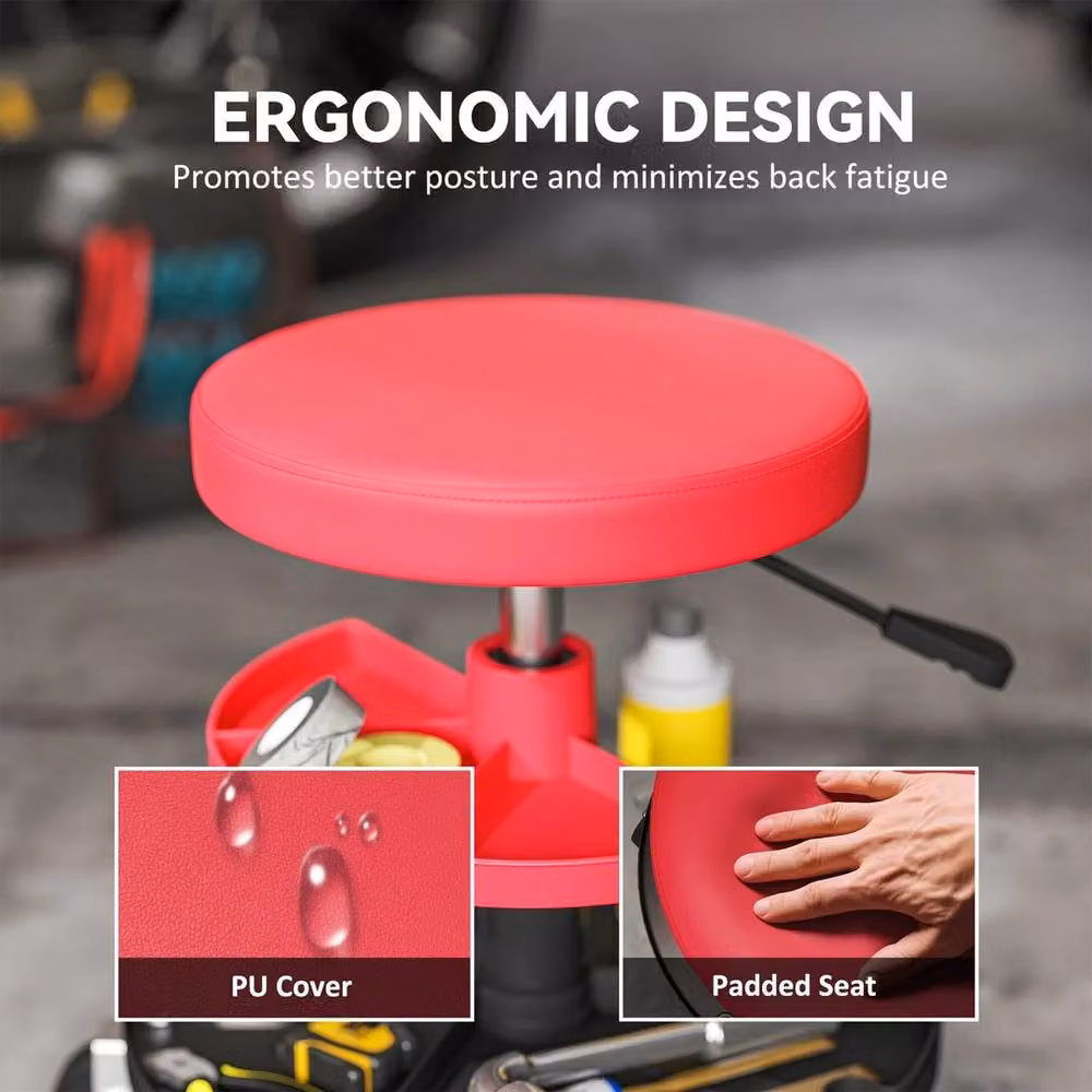 NESTLUNE Rolling Mechanic Stool in Red with Metal Frame and Castors – 3