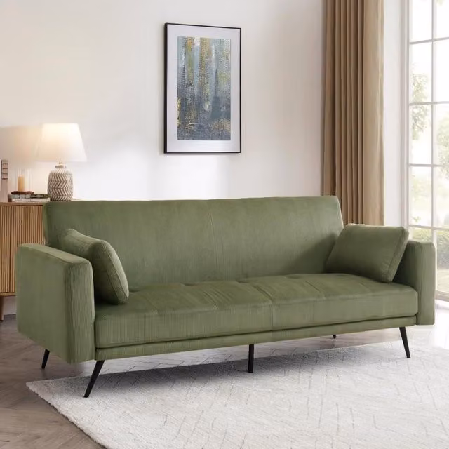 Tom Click Clack Sofa Bed in Sage Green Cord, W/D/H: 207 x 180 x 85 cm