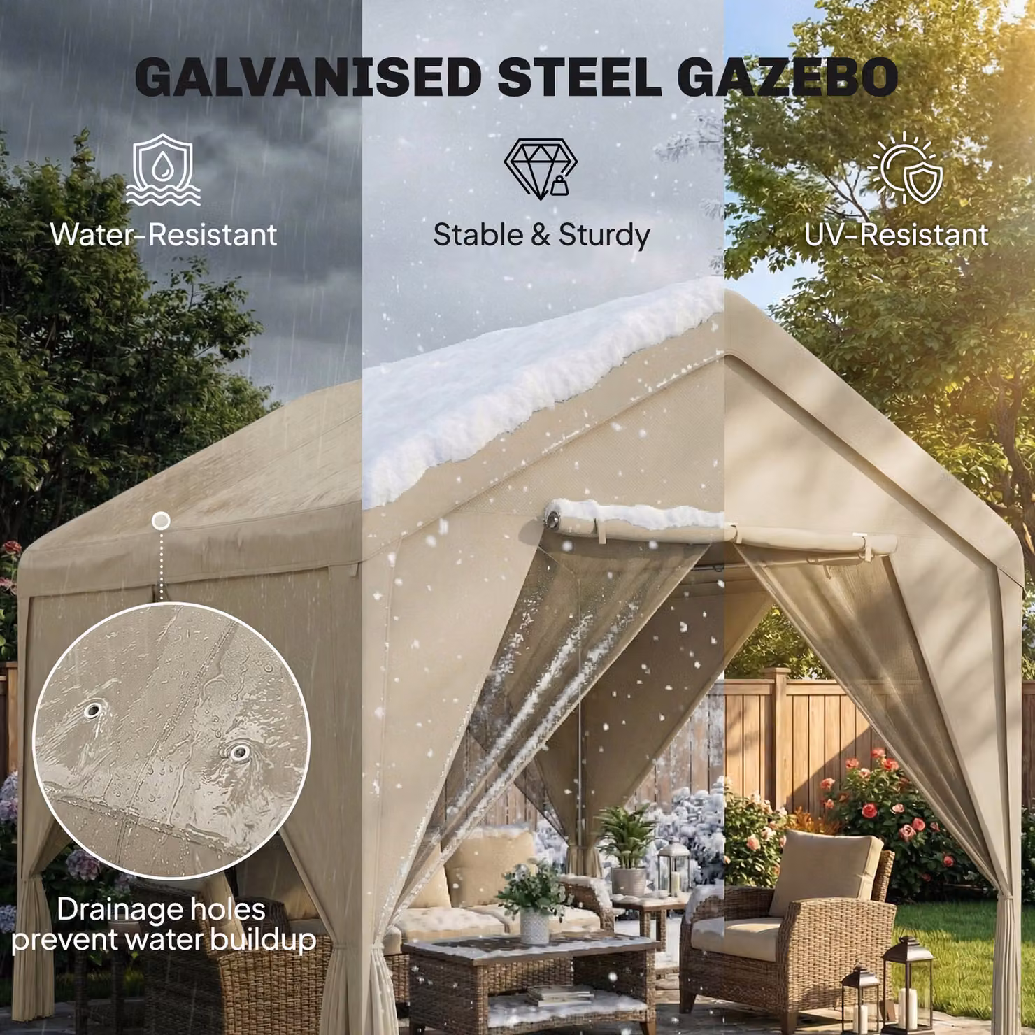 Outsunny Beige Gable Patio Gazebo with Netting and Curtains, Outdoor Canopy Shelter with Galvanised Steel Frame, W/D/H: 300 x 300 x 295 cm – 4