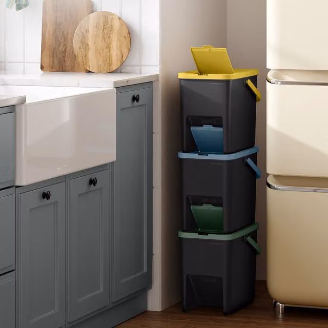 SONGMICS Set of 3 Stackable Pedal Recycling Bins, 20 l Each, Black