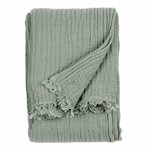 Riva Home Yard Lark Cotton Muslin Throw with Fringes, Green, W: 130 cm, D: 180 cm