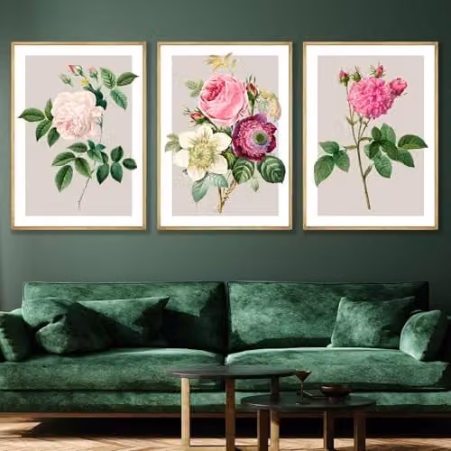 ARTZE Set of 3 Vintage Summer Floral Rose Paper Posters in Pink, White and Beige, W: 42 cm, H: 59.4 cm