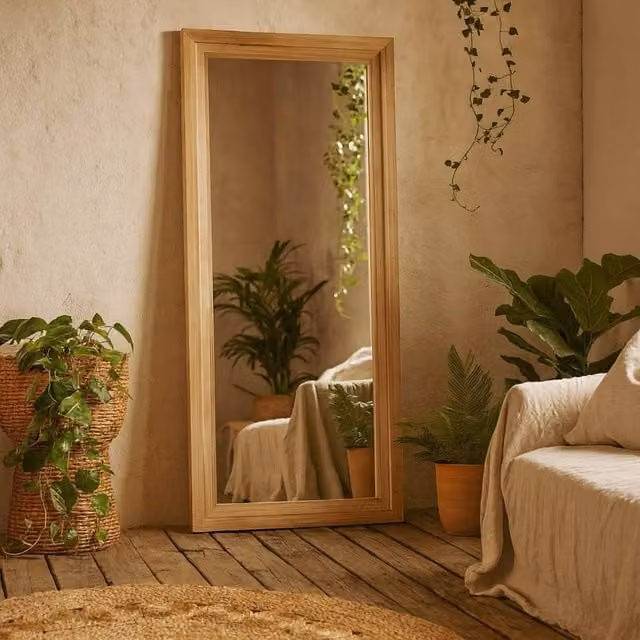 Wyld Haus Large Natural Full Length Rectangular Wooden Hanging Mirror in Brown