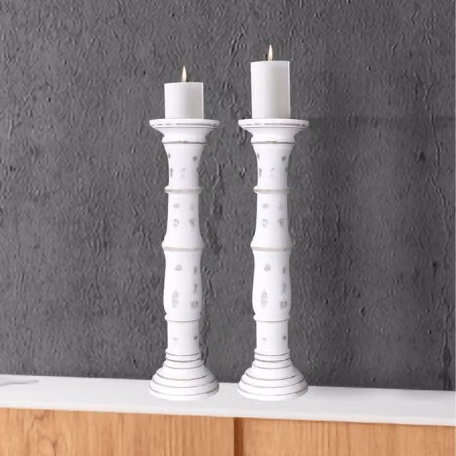 Topfurnishing Set of 2 Rustic Antique Carved Wooden Pillar Candle Holders in White, W/D/H: 13 x 13 x 31 cm
