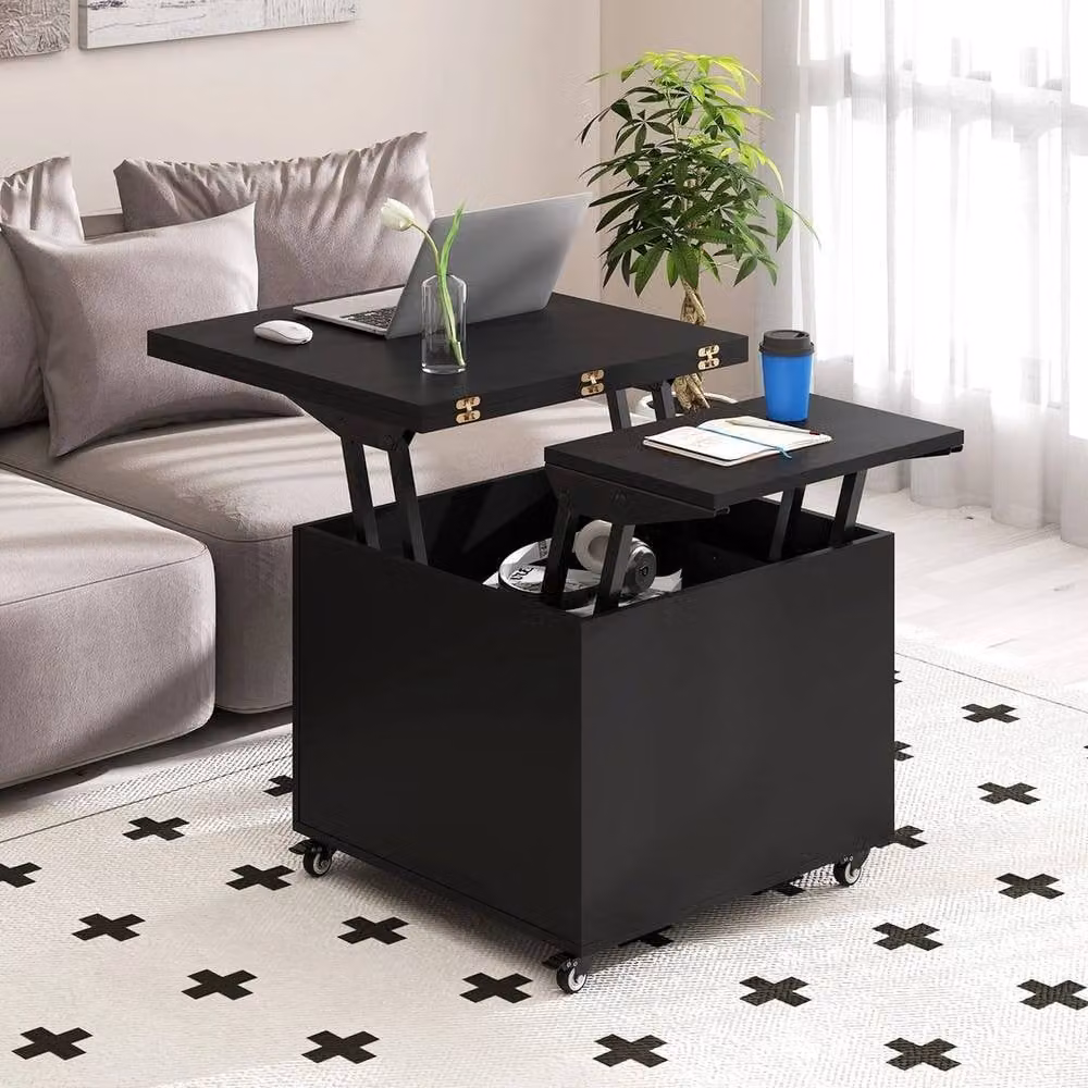 PAWNORA Modern Black Lift Top Coffee Table with Folding Mechanism and Castors – 5