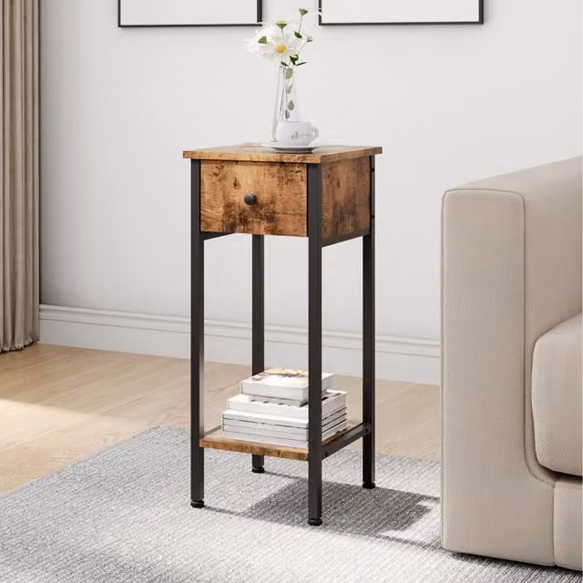 Komore Minimalist Bedside Table with Shelf in Brown and Black