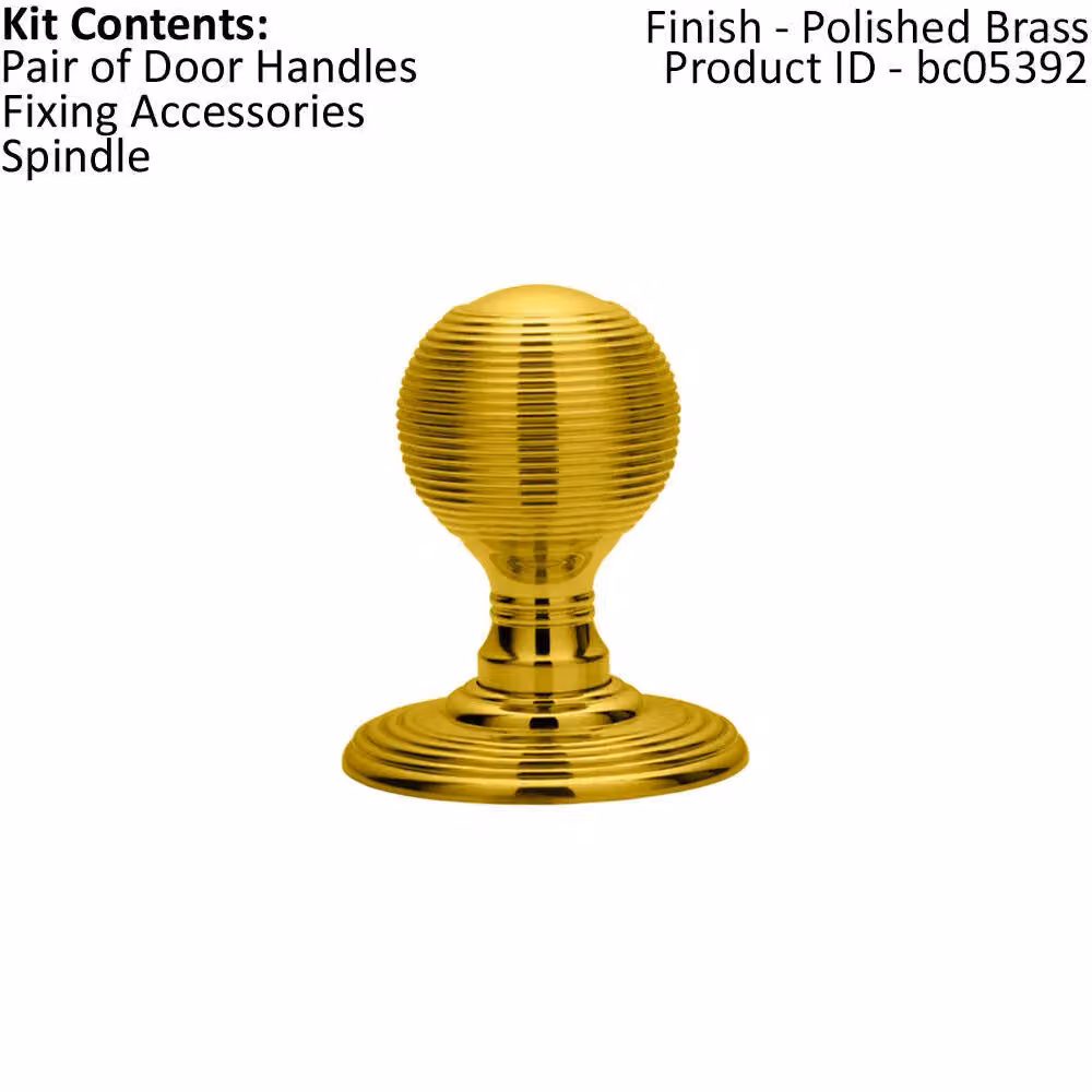 Loops Pair of Round Textured Mortice Door Knobs in Polished Brass Beehive Style, 50mm Diameter – 2