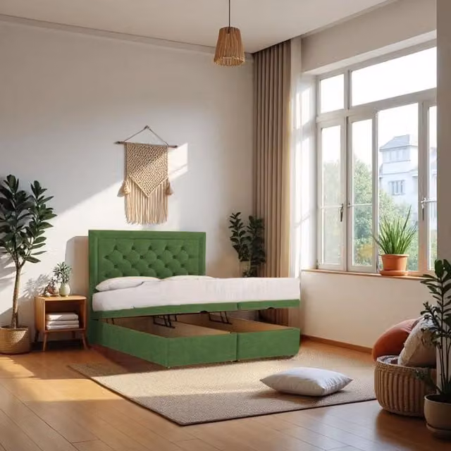 Knight Sleep Athens Small Double Ottoman Bed with Hybrid Mattress and 24 inch Headboard in Emerald Green