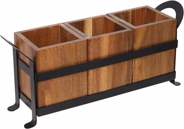 VOGREX Rustic Wooden and Metal Kitchen Utensil Cutlery Organizer Holder with Compartments in Brown and Black – 1