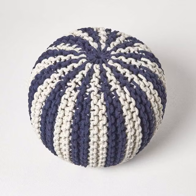 Homescapes Round Striped Cotton Knitted Pouffe in Blue and White, Diameter: 50 cm