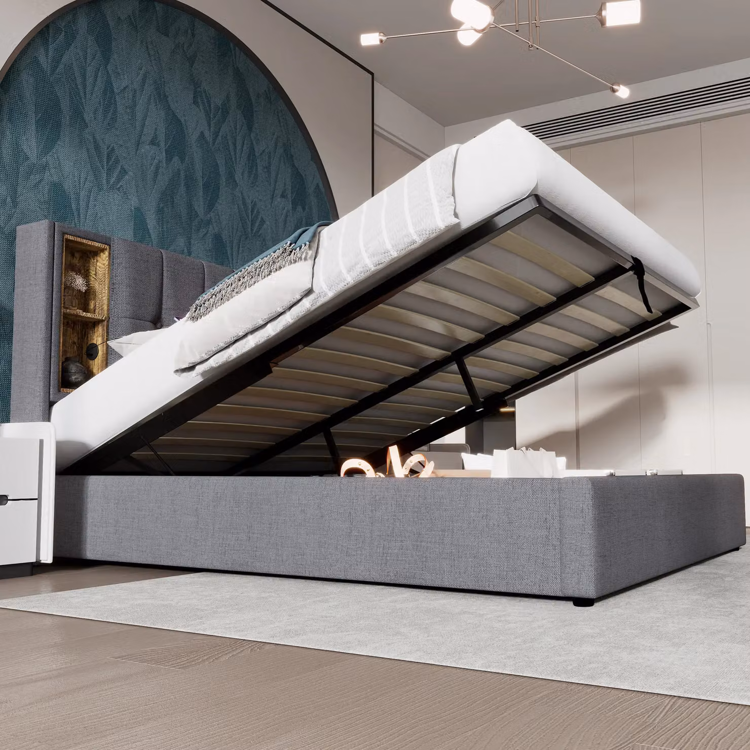 Matteo Upholstered Double Bed Frame with Lift Up Storage and USB Charging Port, Grey, W/D/H: 140 x 200 x 100.5 cm – 5