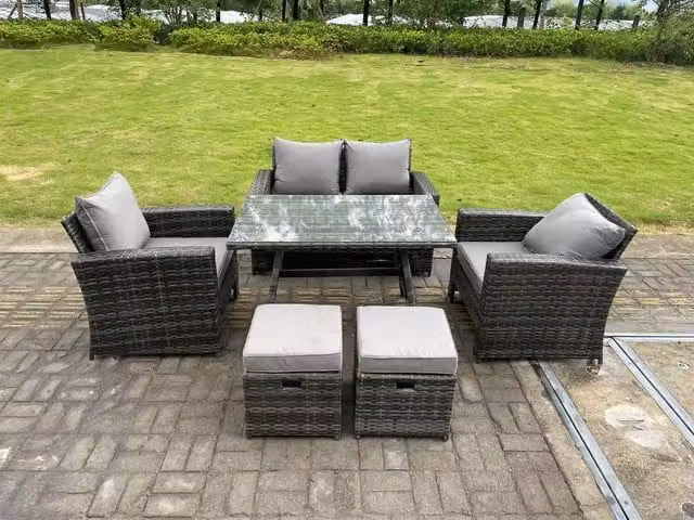 Fimous 6 Seater Outdoor Rattan Sofa Dining Table Set in Dark Grey with 2 Stools