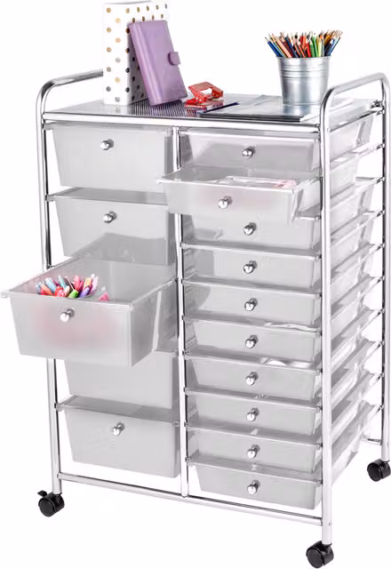 Home Treats White and Transparent 15 Drawer Storage Trolley on Wheels