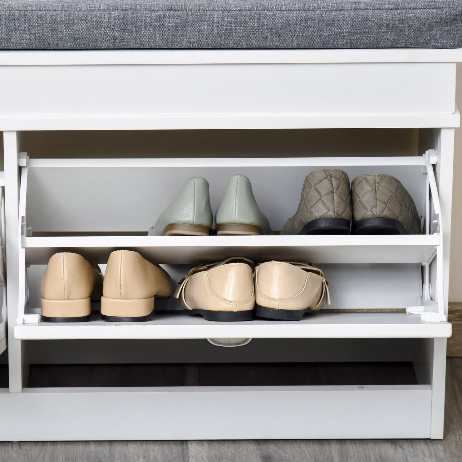 HOMCOM White Shoe Storage Bench with Seat Cushion and Adjustable Shelf – 6