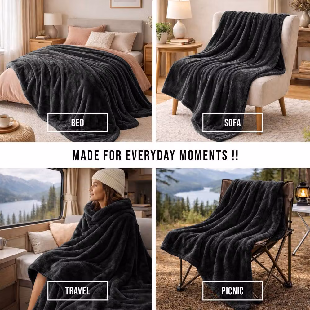 Pamposh Reversible Double Face Flannel Fleece Throw in Black – 8