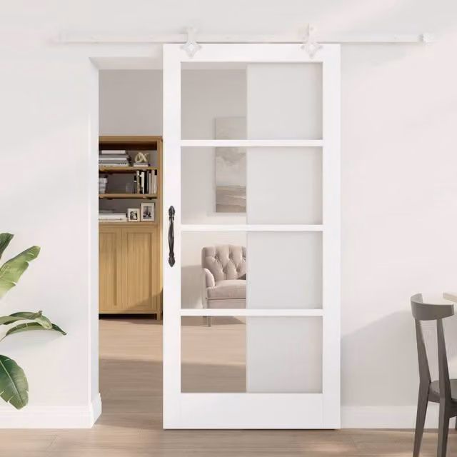 Berkfield Home Modern White Lacquered Solid Wood and Glass Sliding Door with Hardware Set W: 93 cm, H: 202 cm
