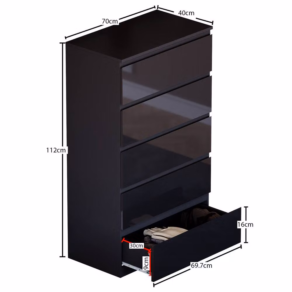 HD Designs Glinton 5 Drawer Chest of Drawers in Black High Gloss – 2