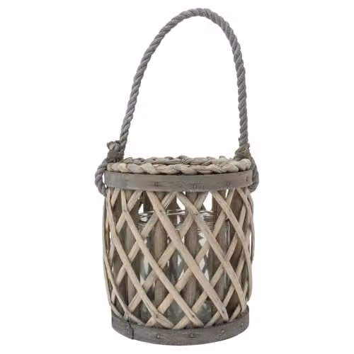 JVL Luna Set of 2 Grey Wood and Glass Tabletop Lanterns with Braided Rope Handles