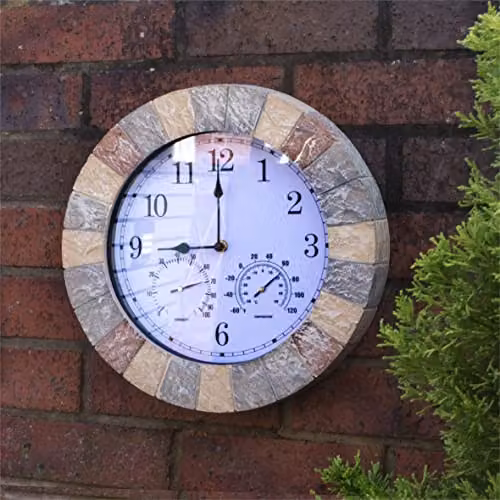 St Helens Home & Garden Sandstone Effect Round Outdoor and Indoor Wall Clock with Thermometer and Hygrometer in Beige – 2