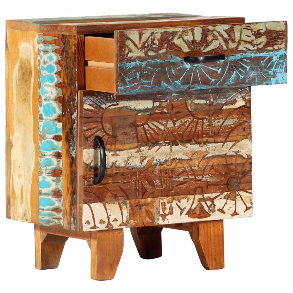 Berkfield Home Hand Carved Bedside Cabinet in Multicolour Solid Reclaimed Wood, W/D/H: 40 x 30 x 50 cm – 2