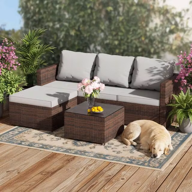 BIRCHTREE 5 Piece Modern Brown Rattan Garden Furniture Set with Glass Table