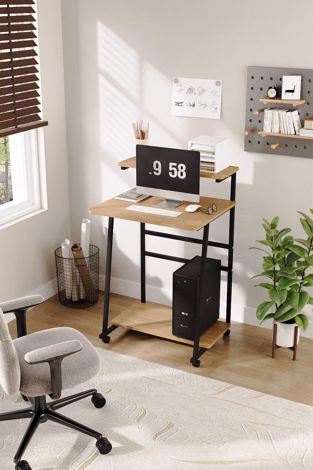 Garden Sanctuary Modern 3-Tier Computer Desk with Castors in Beige – 2