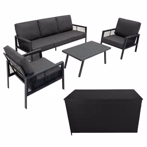 Monstershop 4 Piece Anthracite Grey Aluminium Garden Furniture Set with Black Rattan Storage Box and Cushions – 5