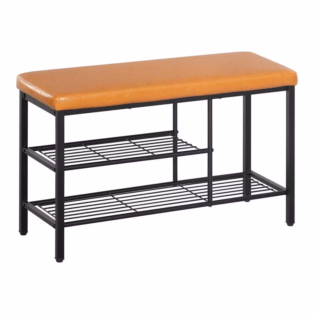 FORGEVIO Shoe Bench Stool and Storage Rack with Synthetic Leather Seat in Brown and Multicolour, W/D/H: 80.0 x 31.5 x 31.5 cm – 3